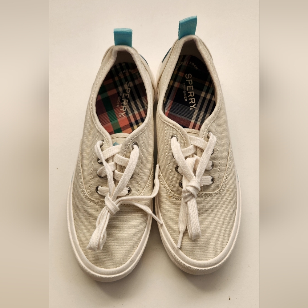 Sperry Off-White Canvas Shoes with Plaid Lining. Size:7